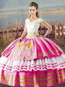 Hot Pink Satin Lace Up 15th Birthday Dress Sleeveless Floor Length Embroidery and Ruffled Layers