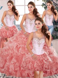 High End Floor Length Watermelon Red Quinceanera Gowns Scoop Sleeveless Clasp Handle