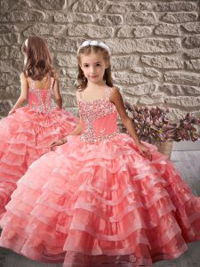 Excellent Straps Brush Train Lace Up Girls Pageant Dresses Watermelon Red Organza