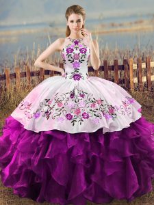 Extravagant Halter Top Sleeveless Lace Up Sweet 16 Quinceanera Dress White And Purple Organza