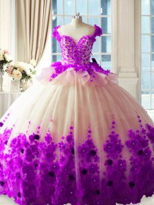 Luxurious White And Purple Tulle Zipper Quinceanera Gowns Sleeveless Brush Train Hand Made Flower