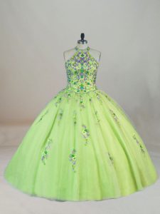Brush Train Ball Gowns Quince Ball Gowns Yellow Green Halter Top Tulle Sleeveless Lace Up