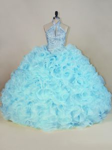 Halter Top Sleeveless Brush Train Lace Up Ball Gown Prom Dress Aqua Blue Fabric With Rolling Flowers