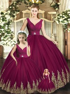 Floor Length Backless Sweet 16 Dresses Burgundy for Military Ball and Sweet 16 and Quinceanera with Beading and Appliques