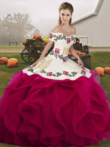Luxurious Fuchsia Sleeveless Embroidery and Ruffles Floor Length 15th Birthday Dress
