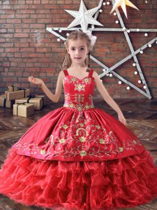 Fitting Red Satin and Organza Lace Up Straps Sleeveless Floor Length Pageant Gowns For Girls Embroidery and Ruffled Layers