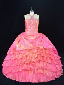 Most Popular Pink Sleeveless Floor Length Beading and Ruffled Layers Lace Up 15th Birthday Dress