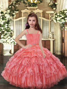 Watermelon Red Ball Gowns Organza Straps Sleeveless Ruffled Layers Floor Length Lace Up Little Girls Pageant Dress