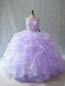 Halter Top Sleeveless Brush Train Backless Ball Gown Prom Dress Lavender Organza