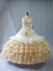 Champagne Ball Gowns Embroidery and Ruffled Layers 15th Birthday Dress Lace Up Organza Sleeveless Floor Length