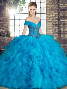 Blue Tulle Lace Up Off The Shoulder Sleeveless Floor Length Sweet 16 Dresses Beading and Ruffles