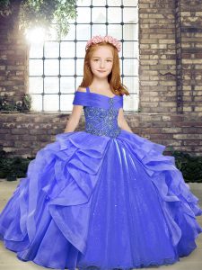 Floor Length Lace Up Little Girl Pageant Dress Blue for Party and Wedding Party with Beading and Ruffles