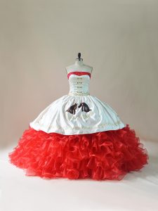 White And Red Strapless Neckline Embroidery and Ruffles Sweet 16 Dresses Sleeveless Lace Up