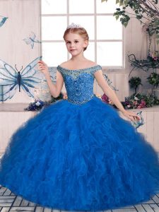 Blue Sleeveless Beading and Ruffles Floor Length Kids Formal Wear