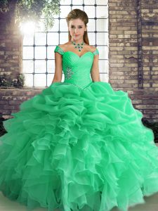 Deluxe Turquoise Sleeveless Floor Length Beading and Ruffles and Pick Ups Lace Up Vestidos de Quinceanera