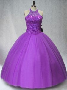 Purple Sleeveless Beading Floor Length 15 Quinceanera Dress