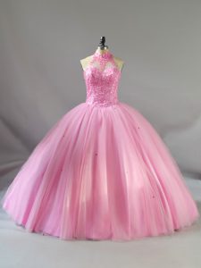 Baby Pink Sleeveless Floor Length Beading Lace Up 15th Birthday Dress