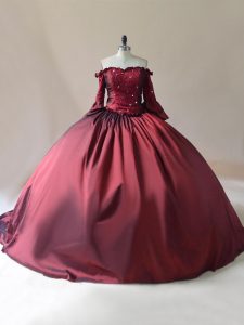 Shining Burgundy Ball Gowns Beading Quinceanera Dresses Lace Up Satin Long Sleeves