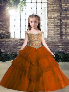 Dynamic Floor Length Lace Up Little Girl Pageant Gowns Rust Red for Party with Beading and Appliques