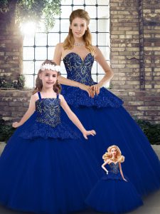 Popular Floor Length Royal Blue 15 Quinceanera Dress Tulle Sleeveless Beading and Appliques