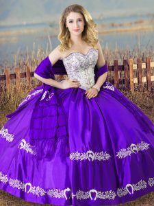 Eggplant Purple Ball Gowns Satin Sweetheart Sleeveless Beading and Embroidery Floor Length Lace Up 15th Birthday Dress