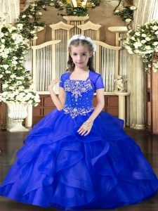 Custom Designed Royal Blue Ball Gowns Beading and Ruffles Kids Formal Wear Lace Up Tulle Sleeveless Floor Length