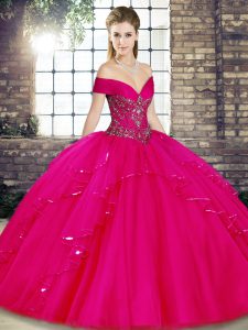 Off The Shoulder Sleeveless Lace Up Quinceanera Gowns Fuchsia Tulle