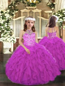 Lovely Fuchsia Halter Top Neckline Beading and Ruffles Child Pageant Dress Sleeveless Lace Up
