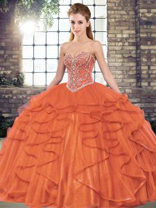 Eye-catching Rust Red Tulle Lace Up Quince Ball Gowns Sleeveless Floor Length Beading and Ruffles