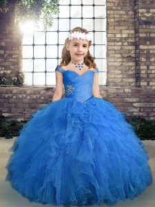 Floor Length Blue Little Girls Pageant Gowns Tulle Sleeveless Beading and Ruffles