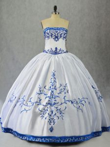 Gorgeous Floor Length Lace Up Ball Gown Prom Dress Blue And White for Sweet 16 and Quinceanera with Embroidery