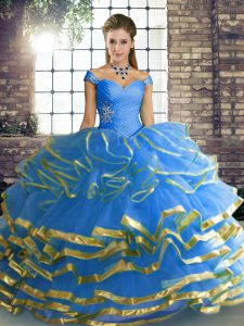 Free and Easy Floor Length Lace Up Quinceanera Dresses Blue for Military Ball and Sweet 16 and Quinceanera with Beading and Ruffled Layers