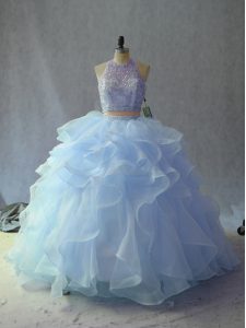 Backless Quinceanera Gown Blue for Sweet 16 and Quinceanera with Beading and Ruffles