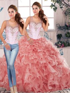 Trendy Beading and Ruffles Quinceanera Dress Watermelon Red Clasp Handle Sleeveless Floor Length