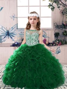 Dark Green Scoop Lace Up Beading and Ruffles Little Girls Pageant Dress Sleeveless