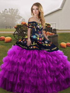 Glamorous Black And Purple Off The Shoulder Lace Up Embroidery and Ruffled Layers Sweet 16 Quinceanera Dress Sleeveless