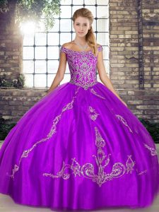 Floor Length Purple Sweet 16 Dresses Tulle Sleeveless Beading and Embroidery