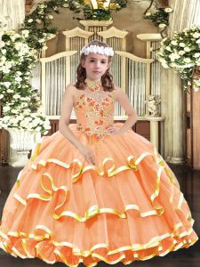 Ball Gowns Little Girl Pageant Dress Orange Halter Top Organza Sleeveless Floor Length Lace Up