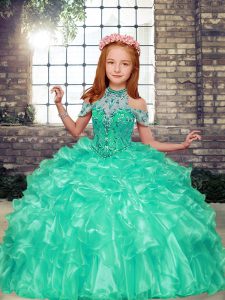 Ball Gowns Girls Pageant Dresses Apple Green High-neck Organza Sleeveless Floor Length Lace Up