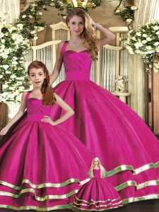 Superior Sleeveless Floor Length Ruffled Layers Lace Up Sweet 16 Quinceanera Dress with Fuchsia