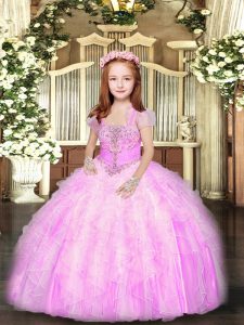 Lilac Tulle Lace Up Straps Sleeveless Floor Length Pageant Dress for Teens Beading and Ruffles