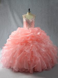 Sleeveless Floor Length Beading and Ruffles and Pick Ups Zipper Quince Ball Gowns with Peach