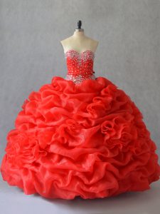 Sexy Red Sweetheart Lace Up Pick Ups and Hand Made Flower Quinceanera Gowns Sleeveless