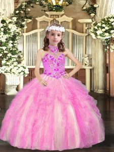 Lilac Sleeveless Floor Length Appliques Lace Up Little Girls Pageant Gowns