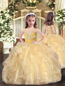 Floor Length Lace Up Little Girls Pageant Dress Wholesale Gold for Party and Wedding Party with Beading and Ruffles