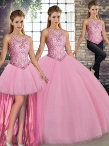 Floor Length Three Pieces Sleeveless Pink Sweet 16 Quinceanera Dress Lace Up