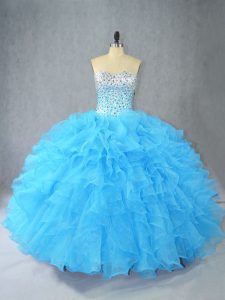 Best Aqua Blue Sweetheart Neckline Beading and Ruffles 15th Birthday Dress Sleeveless Lace Up