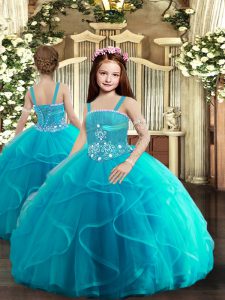 Elegant Straps Sleeveless Kids Pageant Dress Floor Length Beading and Ruffles Baby Blue Tulle