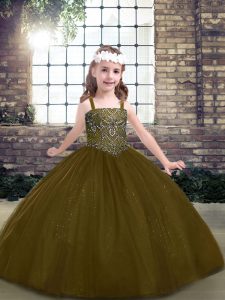 Custom Design Brown Sleeveless Floor Length Beading Lace Up Little Girls Pageant Dress Wholesale