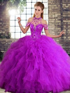 Purple Ball Gowns Halter Top Sleeveless Tulle Floor Length Lace Up Beading and Ruffles Sweet 16 Dresses